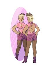 A woman looks in the mirror.