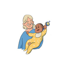 A woman with a child in her arms.