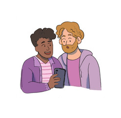 Two men watch a smarthphone , concept illustration , internet , social network , web and app design and development