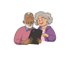 Two seniors with a tablet , elders , technology , senior couple , two aged persons