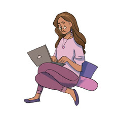 A woman with a computer, freelance , freelancer , freelance women , woman with laptop , drawing, hand drawing , fashion , lifestyle