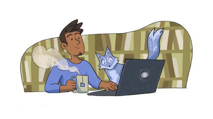 A man teleworks with his cat and a cup of tea , work from home concept , Boy works at a computer at his workplace , drawing , pencil drawing , freelance , freelance man , work with pet