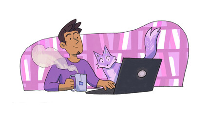 A man teleworks with his cat and a cup of tea , work from home concept , Boy works at a computer at his workplace , drawing , pencil drawing , freelance , freelance man , work with pet