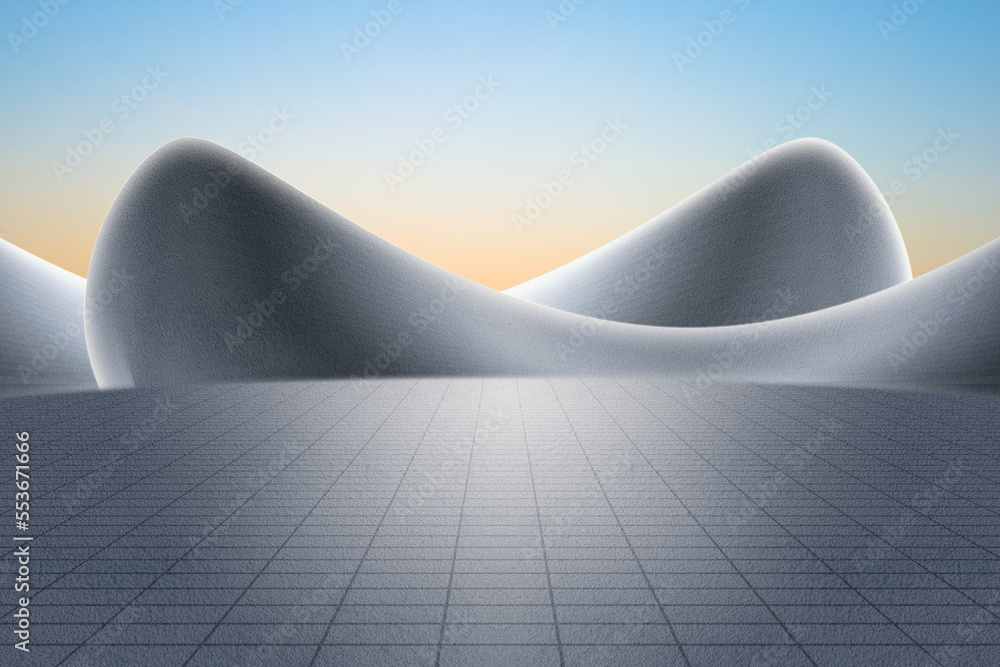 Poster empty concrete asphalt floor plaza and gray abstract curved walls. 3d rendering of modern architectu