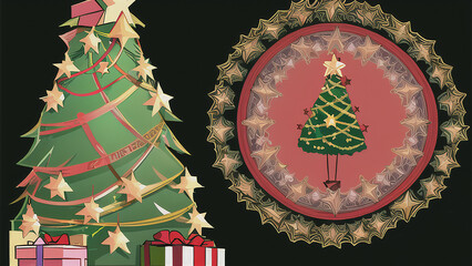 illustration, A beautiful Christmas tree with ornaments, lights, and a star on top