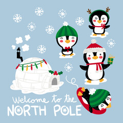 Illustration of four penguins and an igloo welcoming you to the north pole