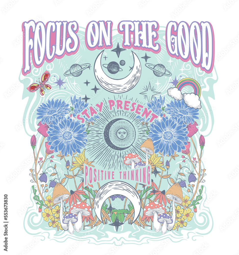 Wall mural focus on the good.mystic order.celestial sun moon retro tshirt graphics design