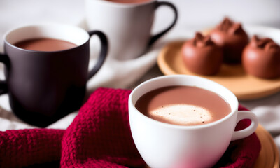 Cup of hot chocolate in a cozy blanket space