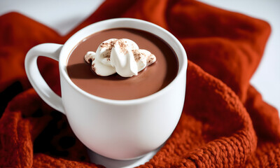 Cup of hot chocolate in a cozy blanket space