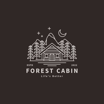 forest wooden house logo, cottage with mountain and pine fir trees for holiday camp night adventure outdoor