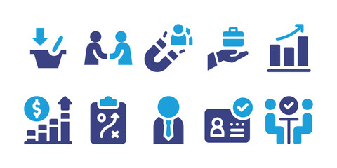 Fototapeta na wymiar Business icon set. Vector illustration. Containing agreement, improve, add to cart, job, attract customers, graph, meeting, strategy, businessman, id
