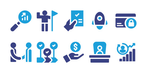 Business icon set. Vector illustration. Containing launch, payment protection, forecast, approved, leadership, handshake, value chain, boss, income, pci