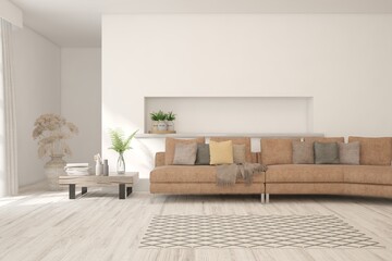 White living room with sofa. Scandinavian interior design. 3D illustration