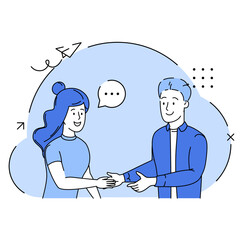 Greetings at the meeting. Handshake men and women. Hand shaking meeting agreement. Handshake of business people partners businessmen and businesswomen. Handshaking. Flat style. Vector illustration