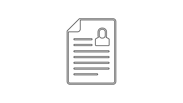 Black line Resume icon isolated on white background. CV application. Searching professional staff. Analyzing personnel resume. 4K Video motion graphic animation