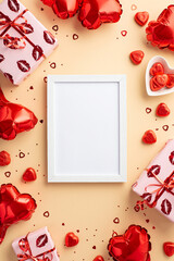 Valentine's Day concept. Top view vertical photo of photo frame gift boxes in wrapping with kiss lips pattern heart shaped balloons candies confetti on isolated pastel beige background with copyspace