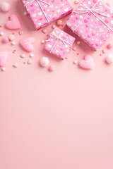 Valentine's Day concept. Top view vertical photo of present boxes in wrapping paper with heart pattern candles fluffy pompons and sprinkles on isolated pastel pink background with copyspace