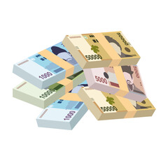 South Korean Won Vector Illustration. South Korea money set bundle banknotes. Paper money 1000, 5000, 10000, 50000 KRW. Flat style. Isolated on white background. Simple minimal design.