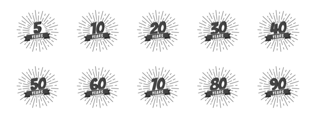 Different Isolated Anniversary Retro Icon Stamp Illustrations Set