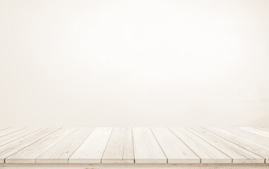 Wooden terrace the blurred and Christmas background concept. Wood white table top perspective in front of natural in the sky.