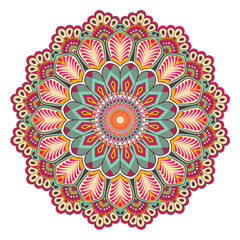 Vector hand drawn doodle mandala colorful. Ethnic mandala with colorful tribal ornament. Isolated. Bright colors.