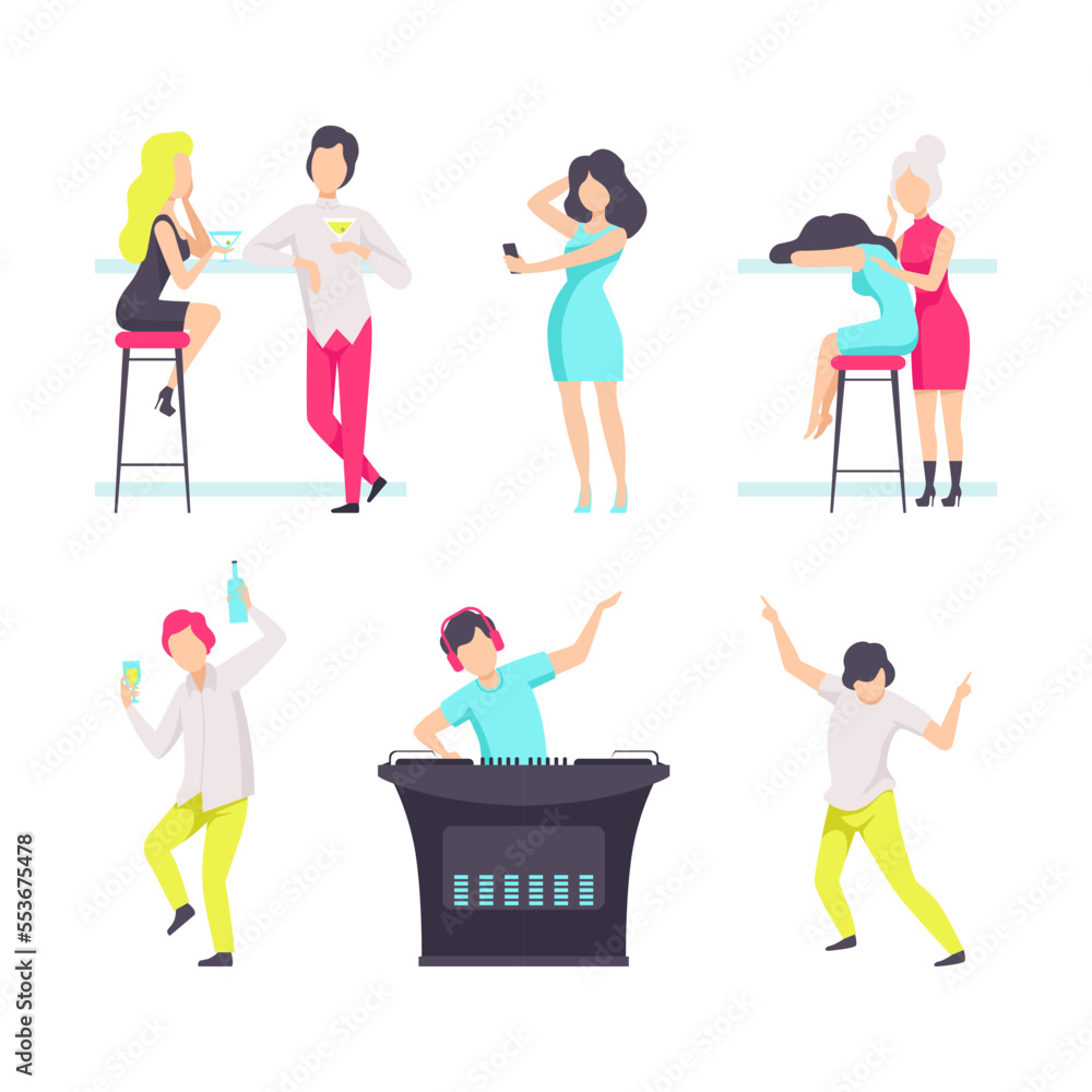 Poster people characters at bar or pub with alcoholic cocktail and drinks having rest vector set