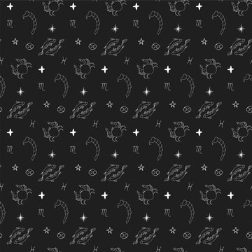 Seamless pattern of water zodiac such as pisces, cancer and scorpius on dark background. Hand drawn vector illustration. Wrapping paper horoscope. 