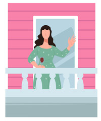 Female character with rose on balcony, romantic woman