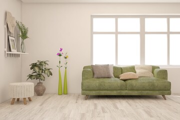 White living room with sofa. Scandinavian interior design. 3D illustration