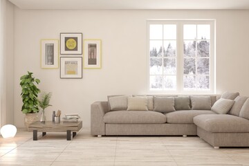 White living room with sofa and winter landscape in window. Scandinavian interior design. 3D illustration