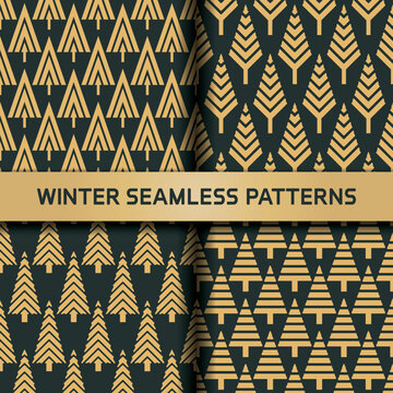 Winter art deco seamless pattern with spruce tree in variety shapes. CMYK color mode ready to print.