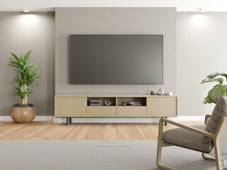3D rendering of modern living room with TV screen on grey wall.