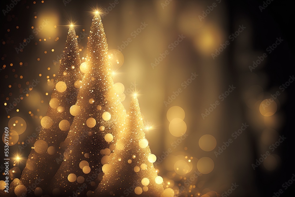 Poster Christmas tree with golden bokeh for the backdrop. Generative AI