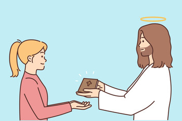Jesus Christ give book to child 