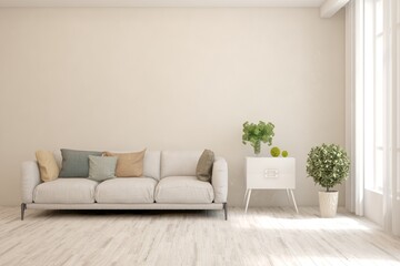 White living room with sofa. Scandinavian interior design. 3D illustration