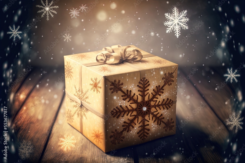 Poster a christmas present sitting on a wooden table with a snowflake pattern behind it generative ai