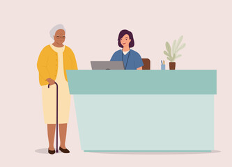 Smiling Black Senior Woman With Walking Cane Talking To A Nurse At The Hospital Counter. Full Length. Flat Design Style, Character, Cartoon. 