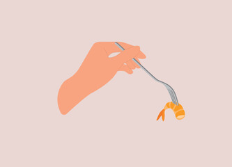 Female’s Hand Holding A Fork With One Headless Shrimp That Is Already Peeled And Cooked. Close-Up. Flat Design Style, Character, Cartoon.