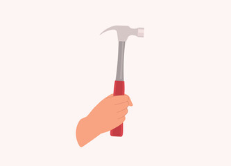 A Person’s Hand Holding A Hammer. Close-Up. Flat Design Style, Character, Cartoon.