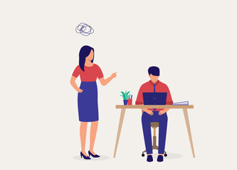Fototapeta premium Angry Female Manager Scolding A Male Employee With Face Looking Down Sitting Sadly At His Working Desk. Full Length. Flat Design Style, Character, Cartoon.
