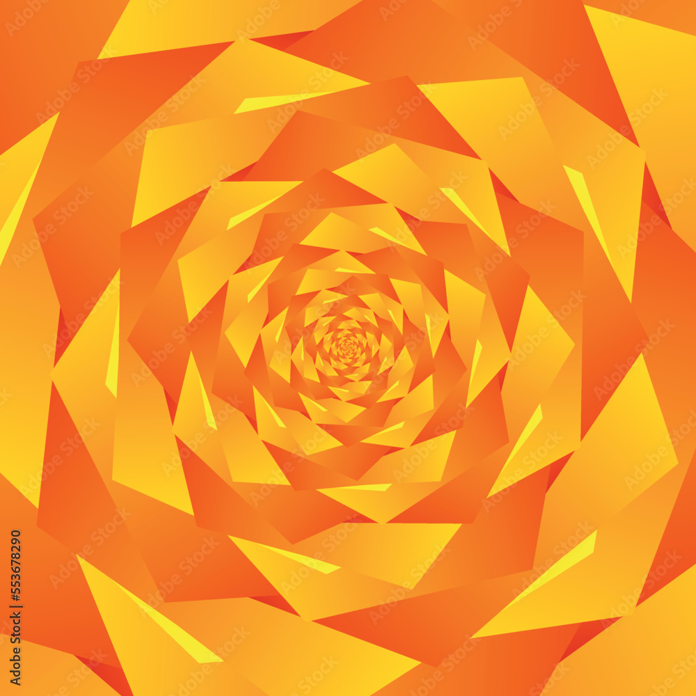 Poster unusual abstract square pattern in the form of a spiral flower with triangular gradient yellow and o