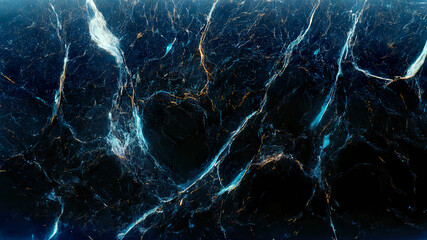 Abstract black marble stone wallpaper with glowing blue cracks. Generative AI granite background