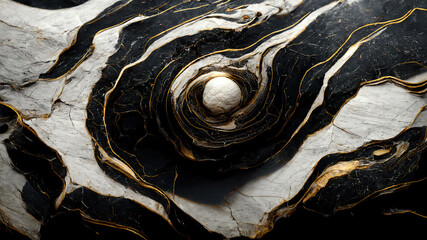 Abstract swirling black and white marble stone wallpaper. Generative AI texture imitating painting with running golden details