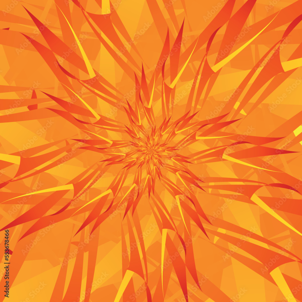 Poster unusual abstract square pattern in the form of a flower with long, thin gradient orange, yellow peta