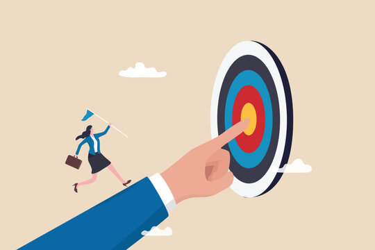 Goal oriented, setting goal and focus on target and aim to achieve success, work toward mission target, motivation and anticipation to win concept, businesswoman run on hand pointing toward target.
