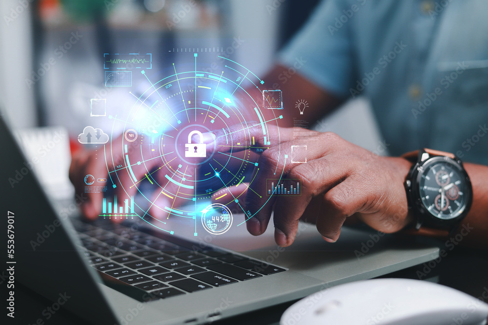 Poster cybersecurity concept business man shows how to protect cyber technology network from attack by hack