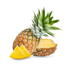 Whole pineapple :half and pineapple slice. Pineapple with leaves on transparent.