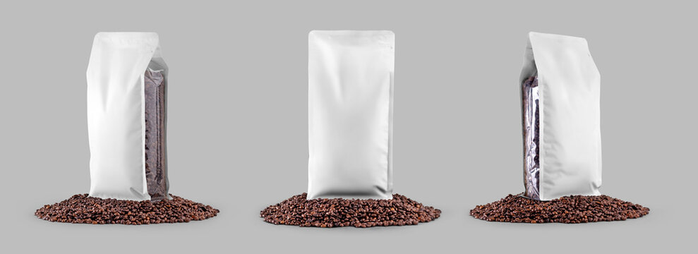 Mockup of white coffee pouch gusset, set of transparent packaging, presentation on coffee beans, isolated on background.