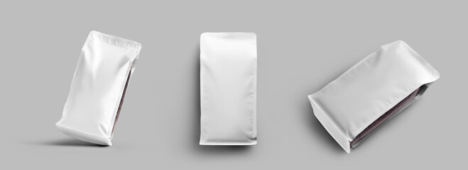 Mockup of white transparent coffee pouch gusset, set of stable bags, close-up, isolated on...