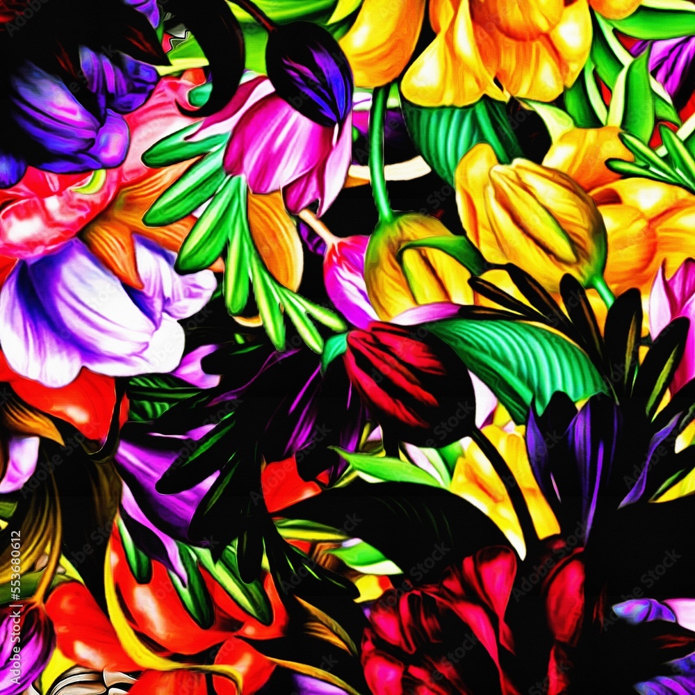Poster Computer graphics of abstract floral psychedelic background stylization of colored chaotic stickers in the form of leaves